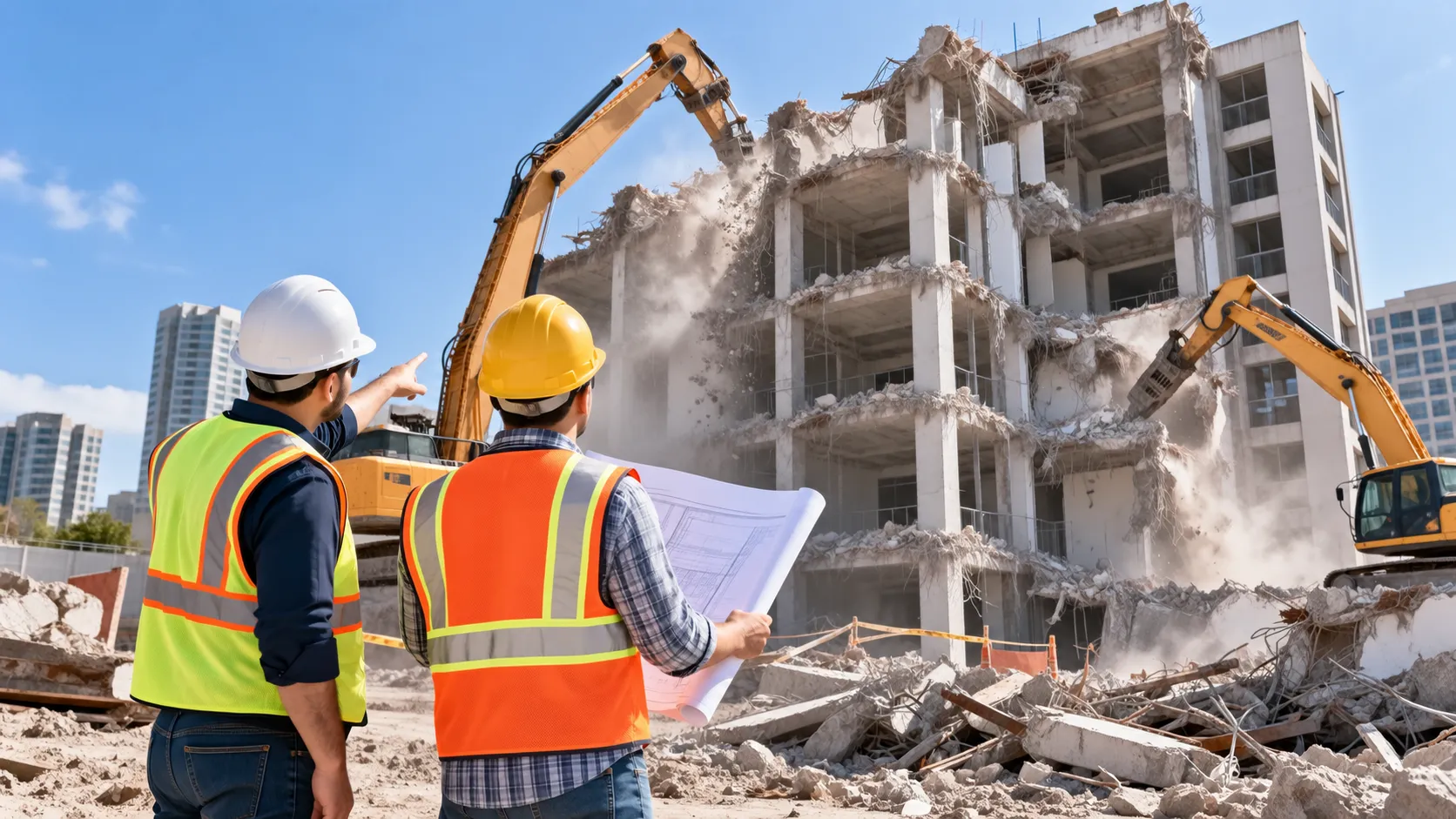 Two construction professionals wearing hard hats and high-visibility safety vests inspect a multistory concrete building undergoing demolition, while excavators dismantle the structure amid falling debris, exposed rebar, and surrounding urban buildings.