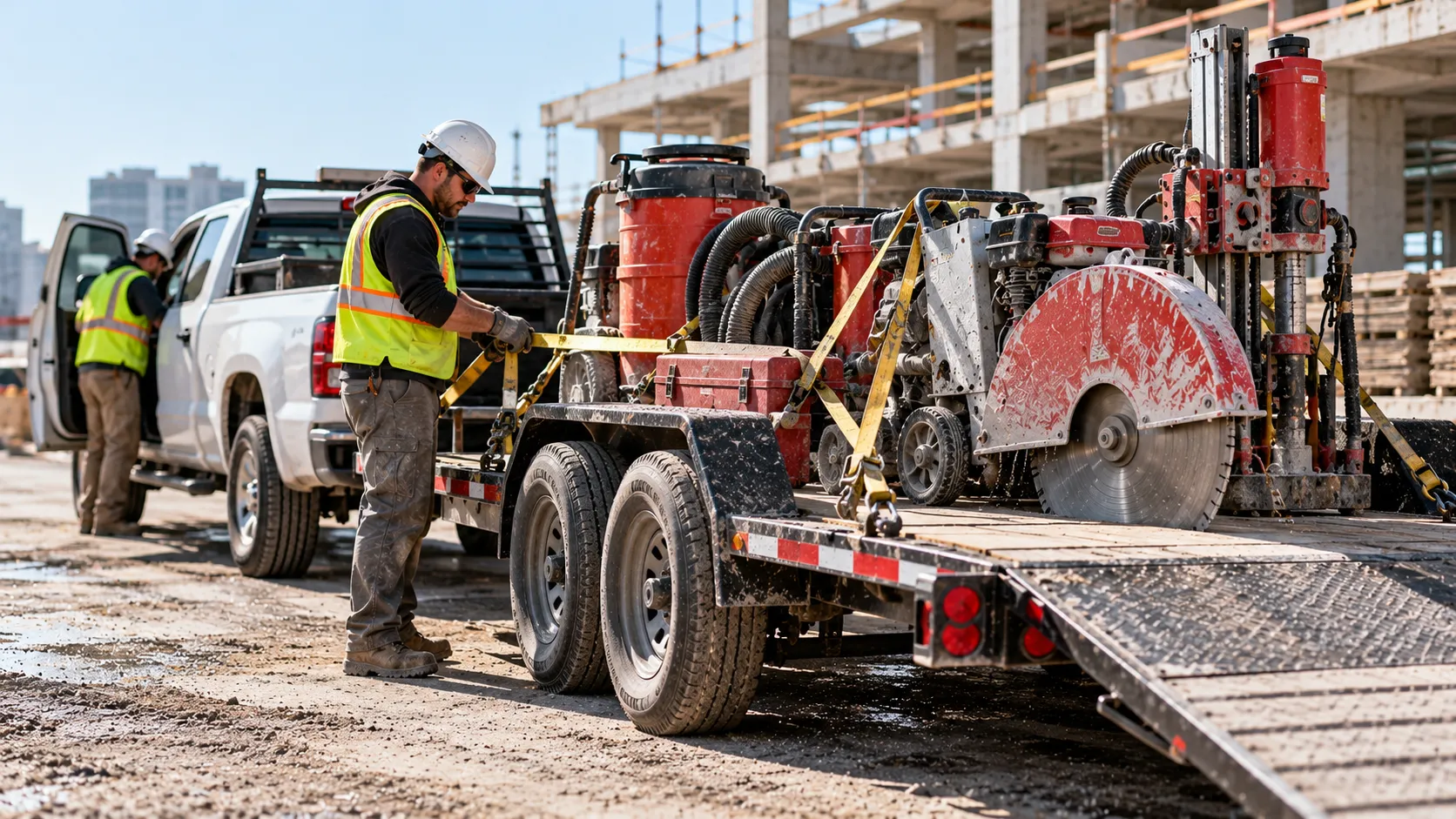 Construction workers secure specialized concrete sawing and drilling equipment on a utility trailer attached to a work truck at an active construction site, illustrating commercial vehicle, trailer, and transported equipment risks for concrete cutting contractors.