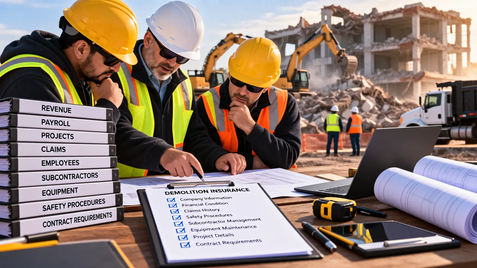 Three demolition company managers wearing hard hats and high-visibility safety vests review blueprints and a demolition insurance checklist at a jobsite table, with documents covering revenue, payroll, claims history, subcontractors, equipment, safety procedures, and contract requirements, while excavators, dump trucks, and a partially demolished concrete building appear in the background.