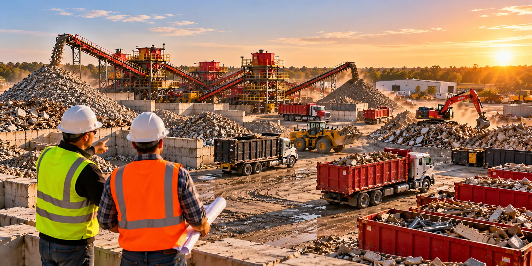 Two construction site supervisors wearing hard hats and high-visibility safety vests review a large construction and demolition debris recycling facility at sunset. The expansive yard features red dump trucks, debris containers, excavators, wheel loaders, and industrial conveyor systems processing piles of concrete and mixed construction waste. The realistic widescreen scene illustrates the interconnected equipment, employee safety, vehicle, property, environmental, and liability risks that C&D recycling businesses should consider when developing a comprehensive commercial insurance program.