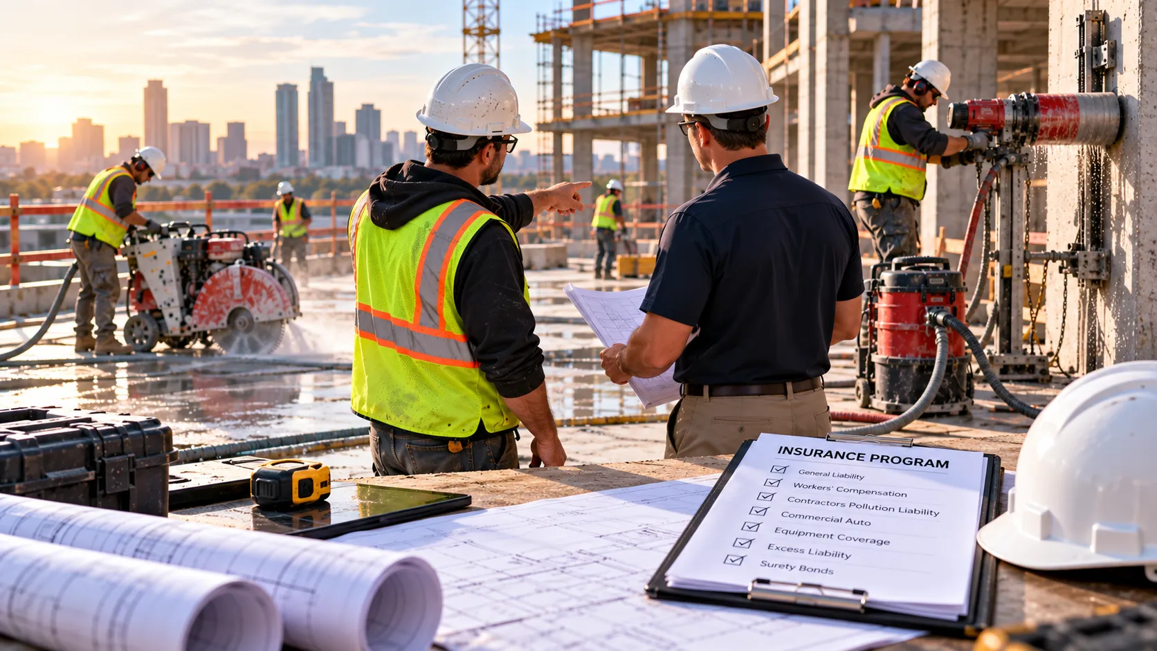 Concrete sawing contractor and insurance professional review project plans and an insurance coverage checklist at a large commercial construction site, while workers operate concrete saws and a wall-mounted core drilling rig in the background, illustrating the importance of tailoring insurance coverage to the specific risks of concrete cutting and drilling operations.