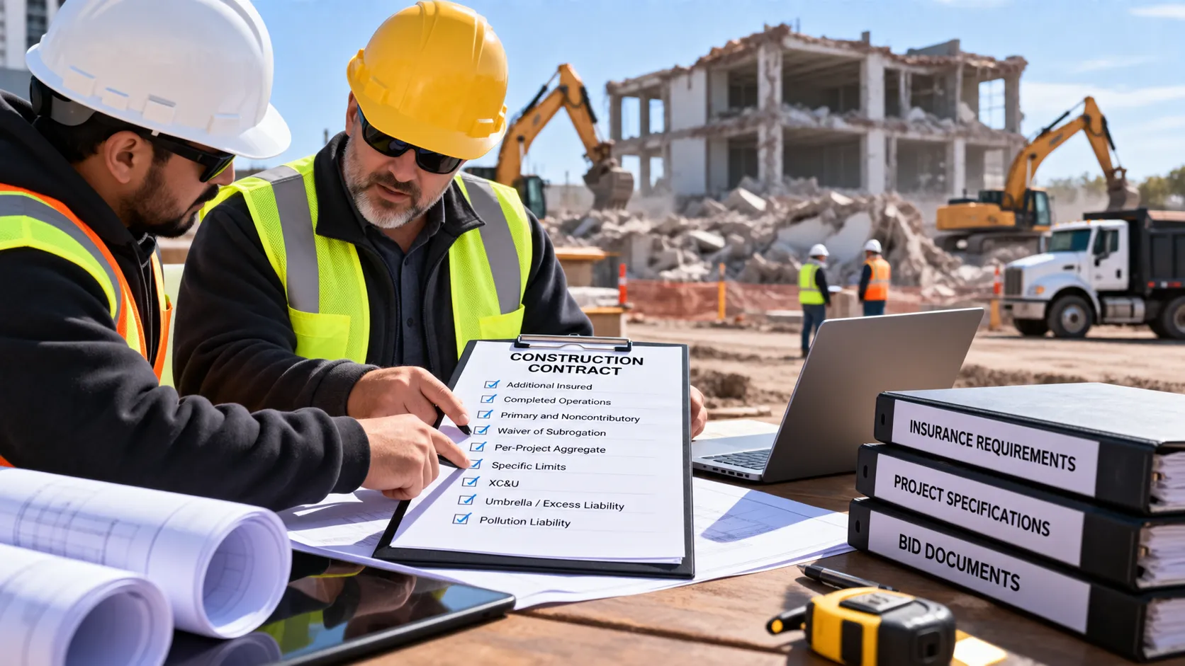 Two demolition contractors wearing hard hats and high-visibility safety vests review a construction contract and insurance requirements checklist at an on-site table, with project specifications, bid documents, blueprints, and a laptop, while excavators and a partially demolished concrete building are visible in the background.