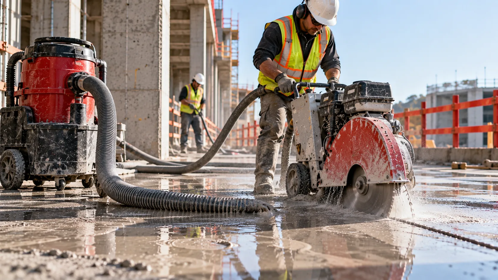 Concrete cutting contractor operating a walk-behind concrete saw on a wet construction site, with an industrial vacuum, collection hoses, and concrete slurry on the floor, illustrating dust control, waste management, and potential pollution exposures relevant to contractors pollution liability insurance.