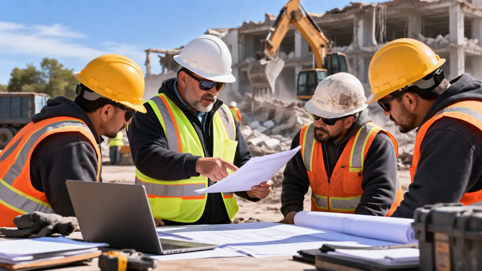 An experienced demolition supervisor reviews blueprints with three construction workers wearing hard hats and high-visibility safety vests at an active demolition site, demonstrating management experience, team guidance, and technical expertise amid excavators and concrete rubble.
