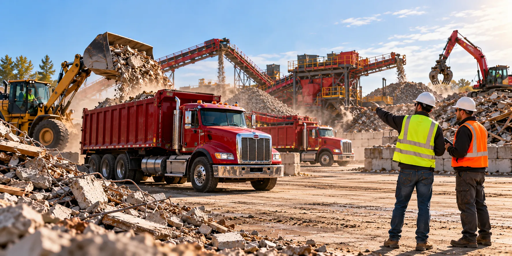 Two construction site supervisors in high-visibility safety vests discuss operations at a busy construction and demolition debris recycling facility, overlooking red dump trucks, a yellow wheel loader, an excavator, and industrial conveyor systems processing concrete rubble. The wide-angle scene illustrates the scale of heavy equipment and vehicle operations that may lead recycling businesses to consider excess liability insurance for additional protection against significant liability claims.