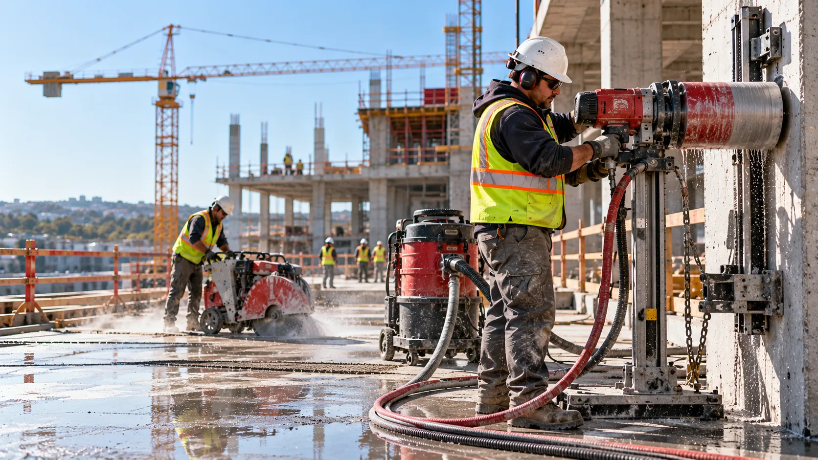 Concrete sawing and drilling contractors operate specialized equipment on a large commercial construction project, with a worker using a wall-mounted core drilling rig in the foreground and another cutting a concrete slab in the background, illustrating the higher liability exposures associated with complex construction projects.