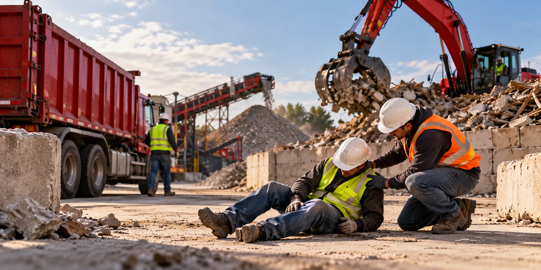 Two construction recycling workers respond to an injured third-party visitor at a debris processing facility, with a red dump truck, heavy excavator, concrete rubble, and industrial sorting equipment in the background. The realistic widescreen scene illustrates potential third-party bodily injury and premises liability risks at a construction and demolition debris recycling facility.