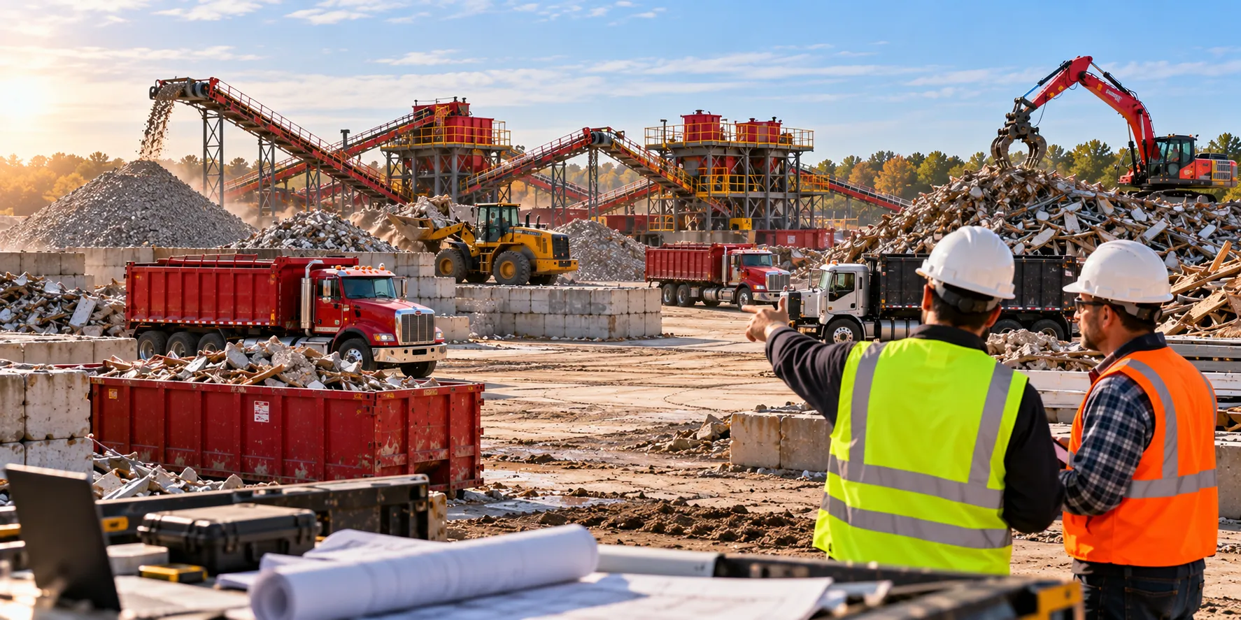 Two construction industry professionals wearing hard hats and high-visibility safety vests review operations at a large construction and demolition debris recycling facility. The expansive yard contains red dump trucks, debris-filled containers, a yellow wheel loader, an excavator, and industrial conveyor systems processing crushed materials. The realistic widescreen scene illustrates how business size, equipment values, vehicle fleets, processing activities, and operational risks can influence construction debris recycling insurance costs.