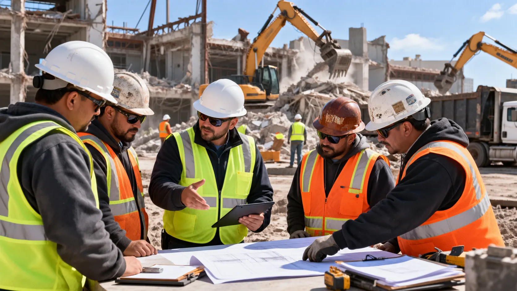 Five demolition contractors wearing hard hats and high-visibility safety vests review blueprints and discuss project plans at an active demolition site, with excavators, construction debris, and other workers in the background.