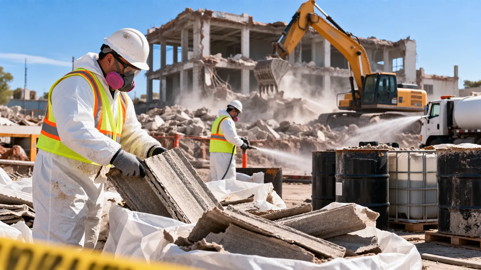 Demolition workers wearing protective coveralls, respirators, and safety vests handle construction debris and suppress dust with water at an environmental cleanup site, with chemical storage containers, an excavator, and a partially demolished concrete building in the background.