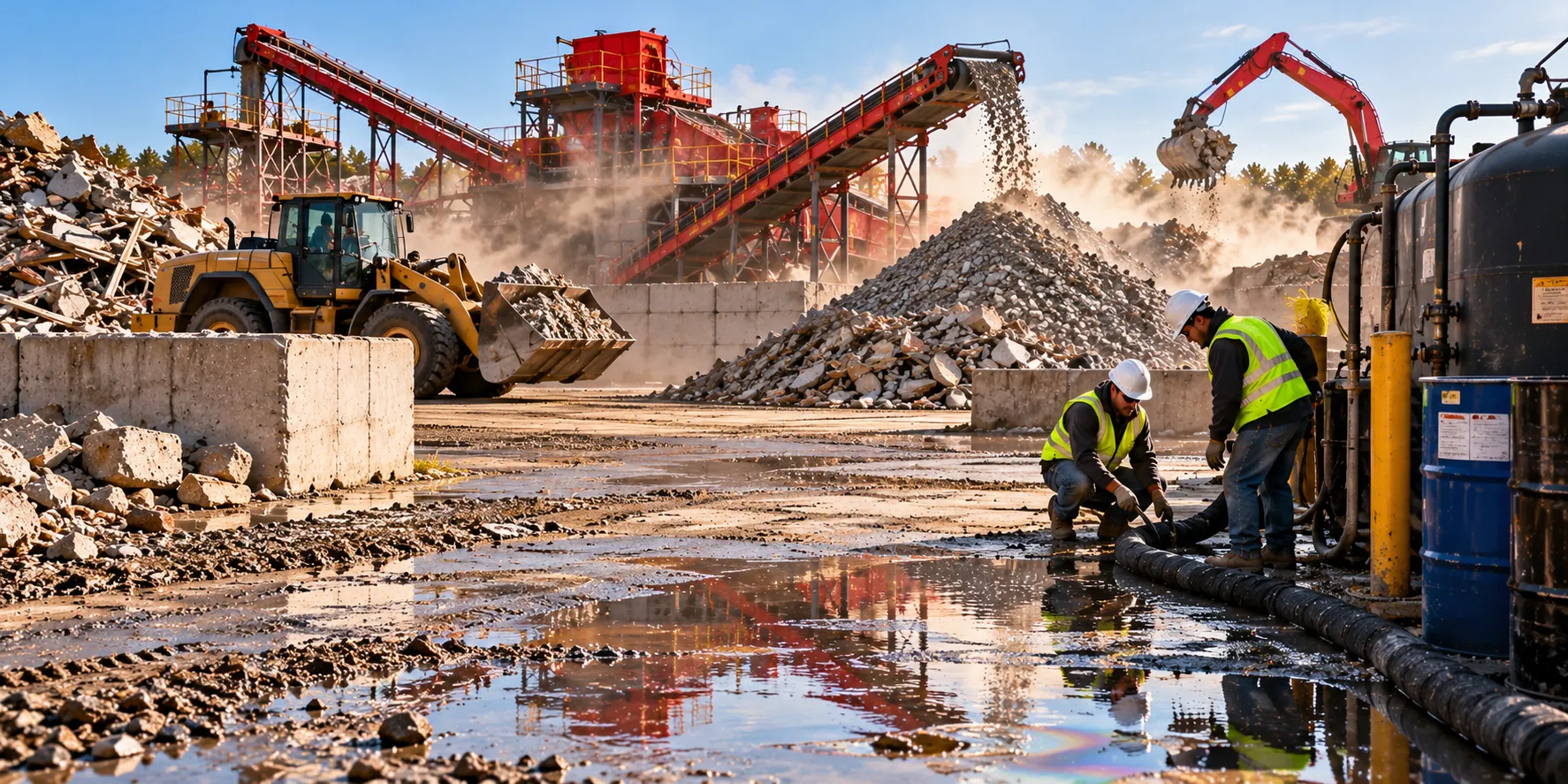 Workers in high-visibility safety vests inspect and contain a potential fluid spill near storage drums at a construction and demolition debris recycling facility. Wet ground, standing water, crushed concrete, heavy machinery, and red conveyor systems illustrate potential environmental exposures involving spills, runoff, dust, material handling, and contamination at recycling operations.