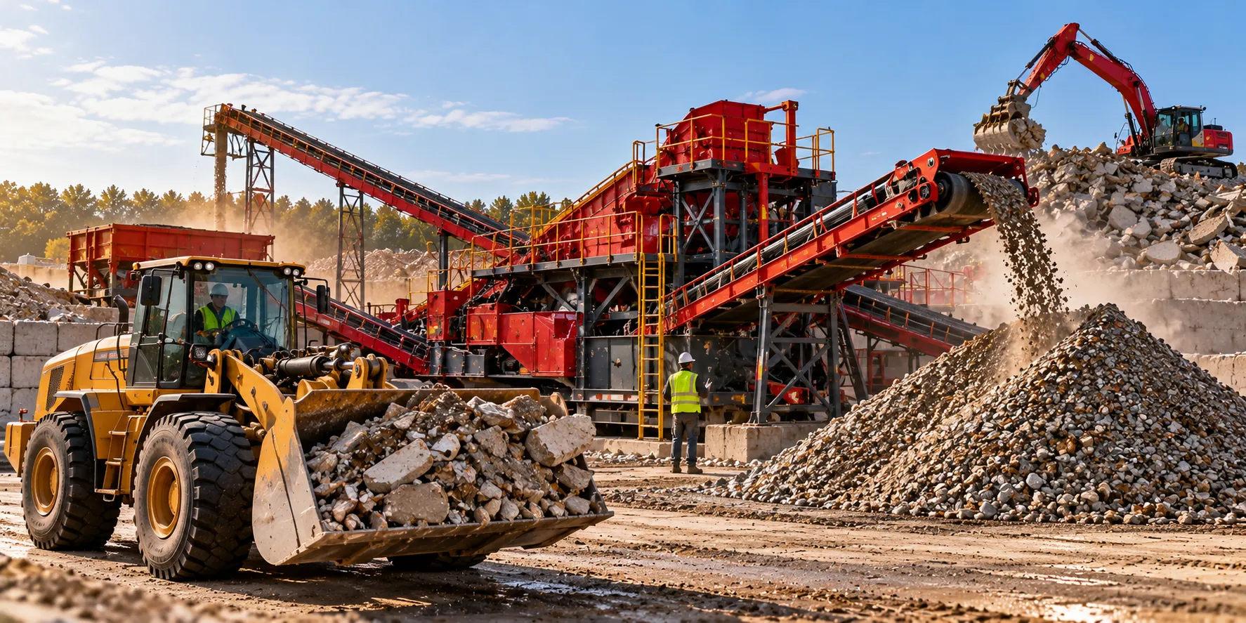 A construction and demolition debris recycling facility with red industrial conveyor systems, heavy machinery, and piles of crushed concrete under a cloud of dust. Workers and an excavator handle mixed debris near the processing equipment, illustrating potential environmental risks associated with dust, material storage, runoff, spills, and waste handling at recycling operations.