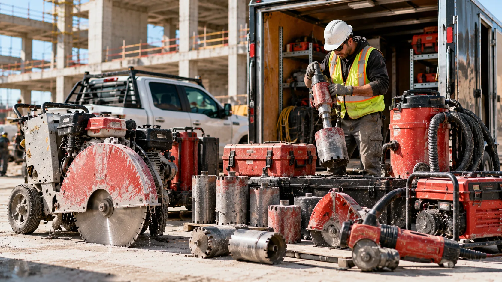 A concrete sawing contractor inspects specialized drilling equipment, concrete saws, and industrial vacuums at a commercial construction site, illustrating the value of protecting expensive contractor equipment and evaluating insurance coverage for large-scale projects.