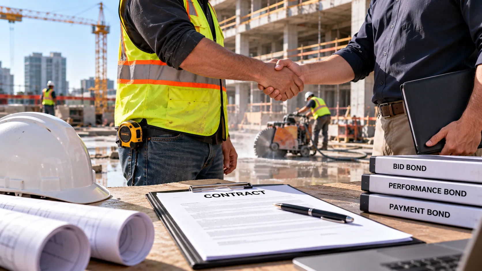 Construction contractor and business professional shake hands over a project contract and construction blueprints at an active commercial jobsite, with bid, performance, and payment bond documents on the table, illustrating surety bond requirements for concrete sawing and drilling contractors pursuing larger projects.