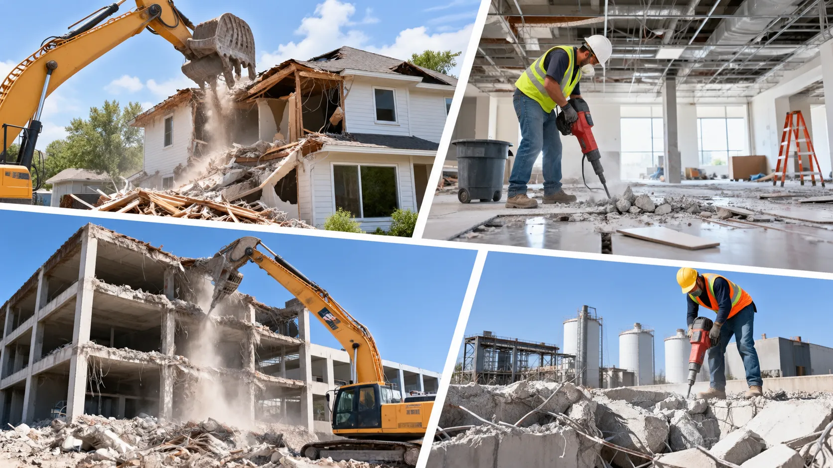 A four-panel collage showing different demolition operations, including residential home teardown, interior commercial demolition, structural demolition of a multistory concrete building, and concrete removal at an industrial site.