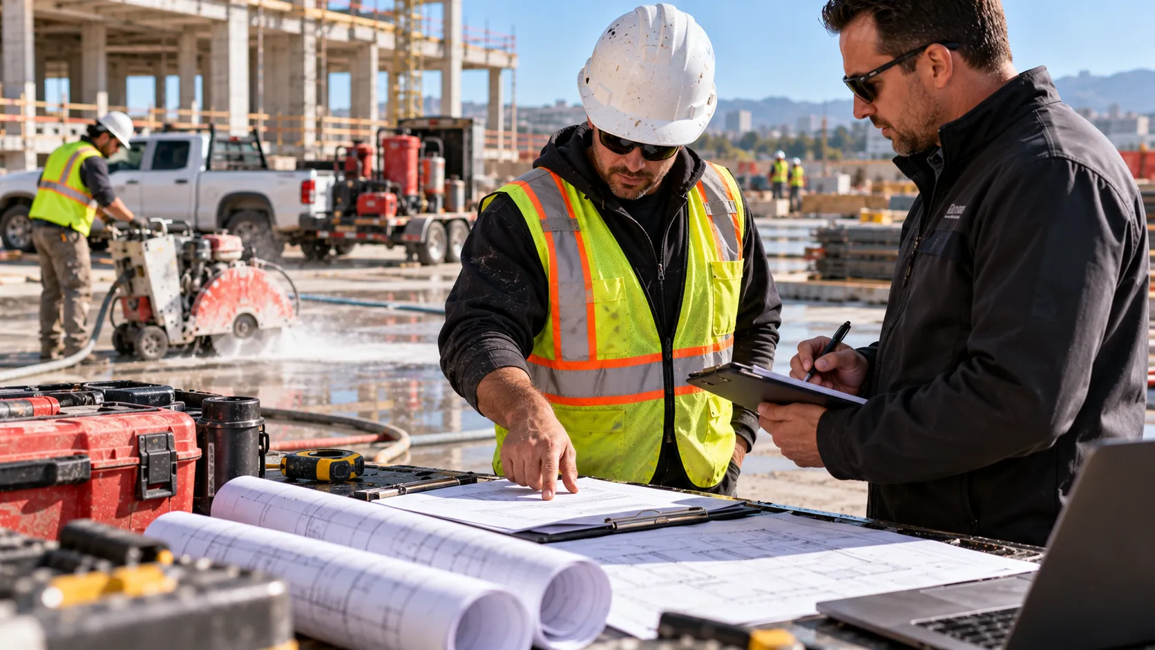 Concrete sawing contractor and project supervisor review construction blueprints and job details at an active commercial construction site, with concrete-cutting equipment, work vehicles, and crew members in the background, illustrating the business operations, project types, and safety practices insurance underwriters evaluate.