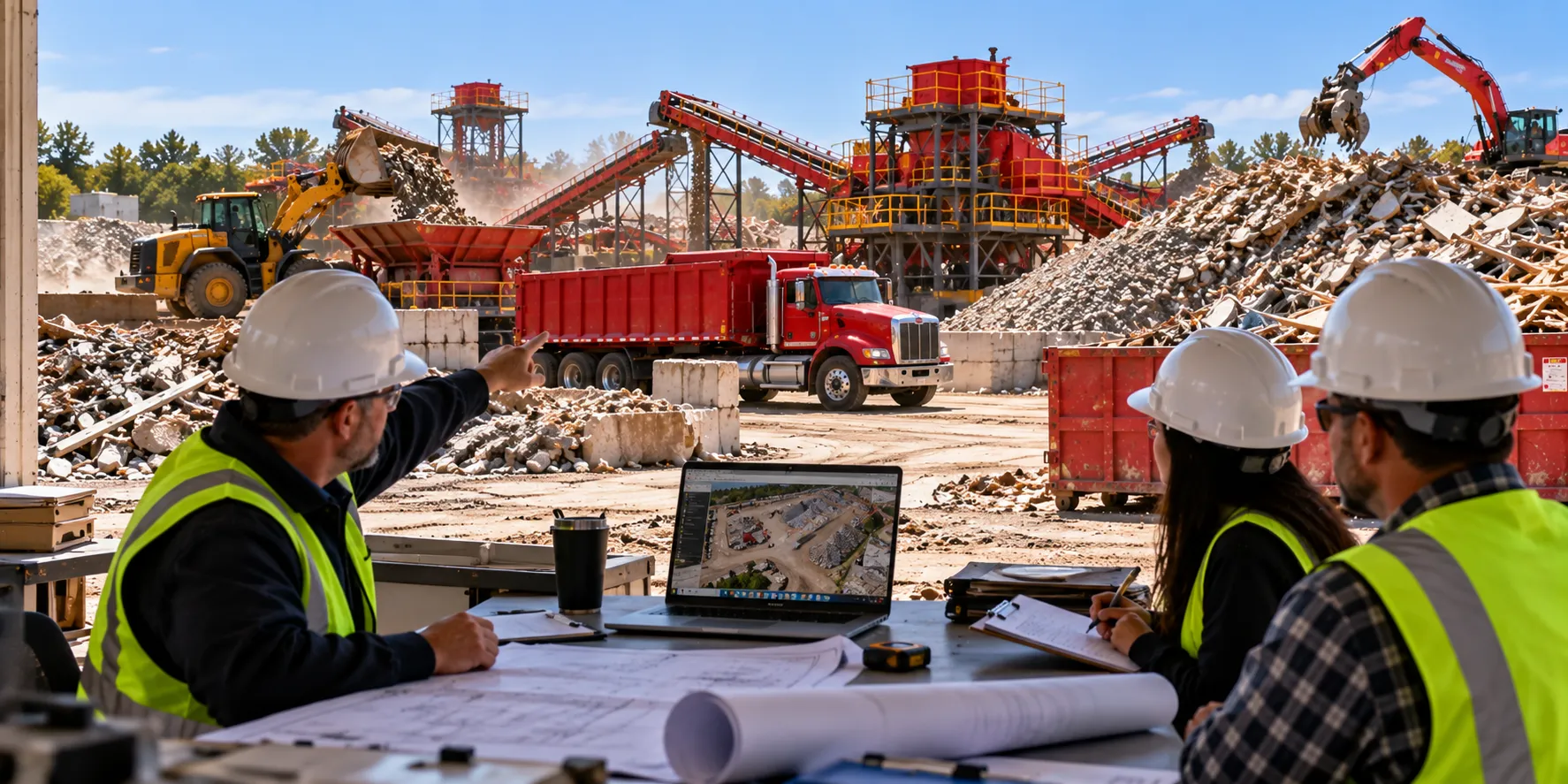 Insurance and safety professionals in hard hats and high-visibility vests review site plans and facility operations at a construction and demolition debris recycling yard. Behind them, red conveyor systems, a dump truck, a wheel loader, an excavator, and piles of mixed construction debris illustrate the operational details underwriters may evaluate, including materials handled, equipment, vehicles, employee safety, and environmental risk controls.
