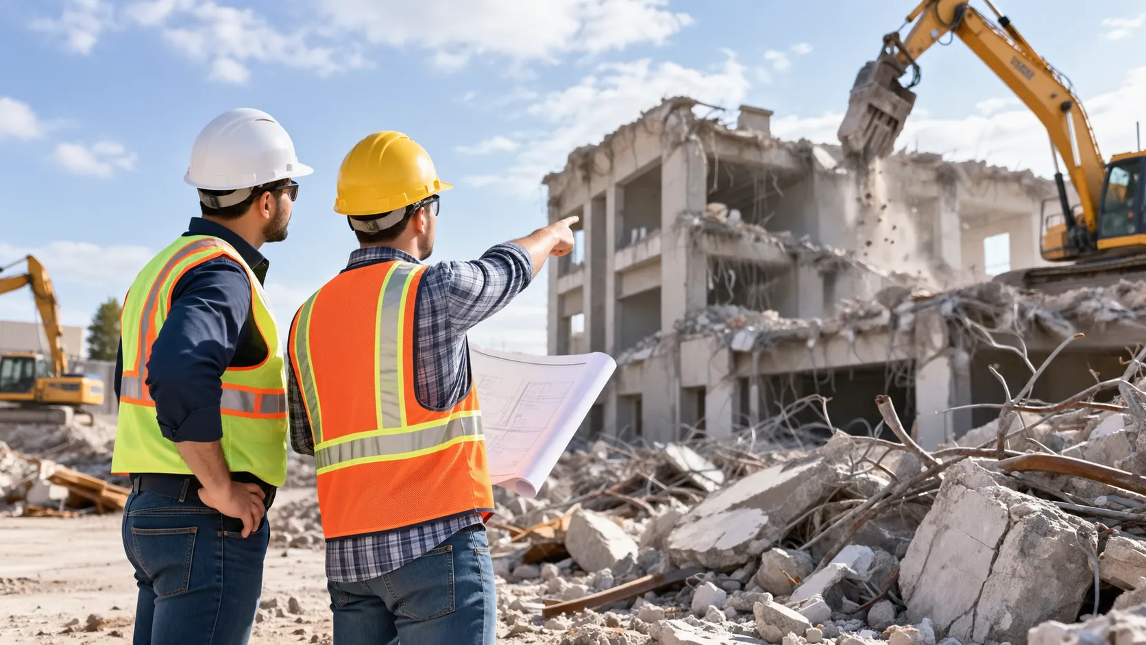 Two construction professionals wearing hard hats and high-visibility safety vests review demolition plans at an active demolition site, with excavators dismantling a concrete building and rubble in the foreground.