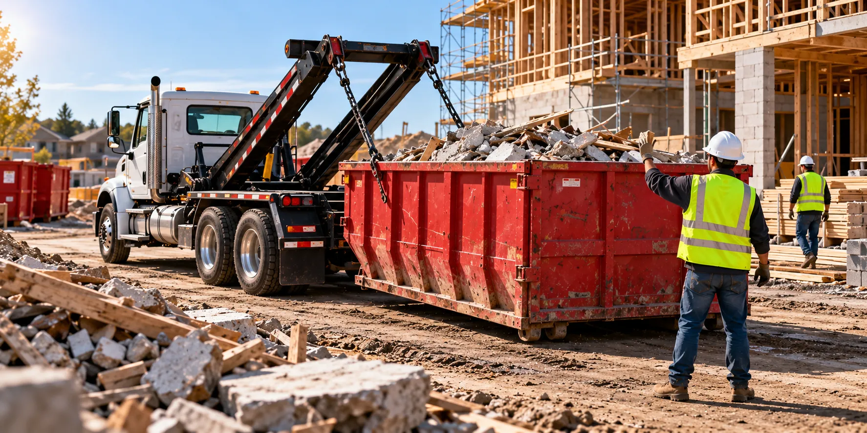 A commercial roll-off truck positions a large red dumpster filled with construction debris at an active building site while a worker in a high-visibility safety vest guides the operation. Additional containers, construction materials, scaffolding, and a partially framed building illustrate the vehicle, container-handling, employee safety, and third-party liability risks faced by dumpster and construction debris container businesses.