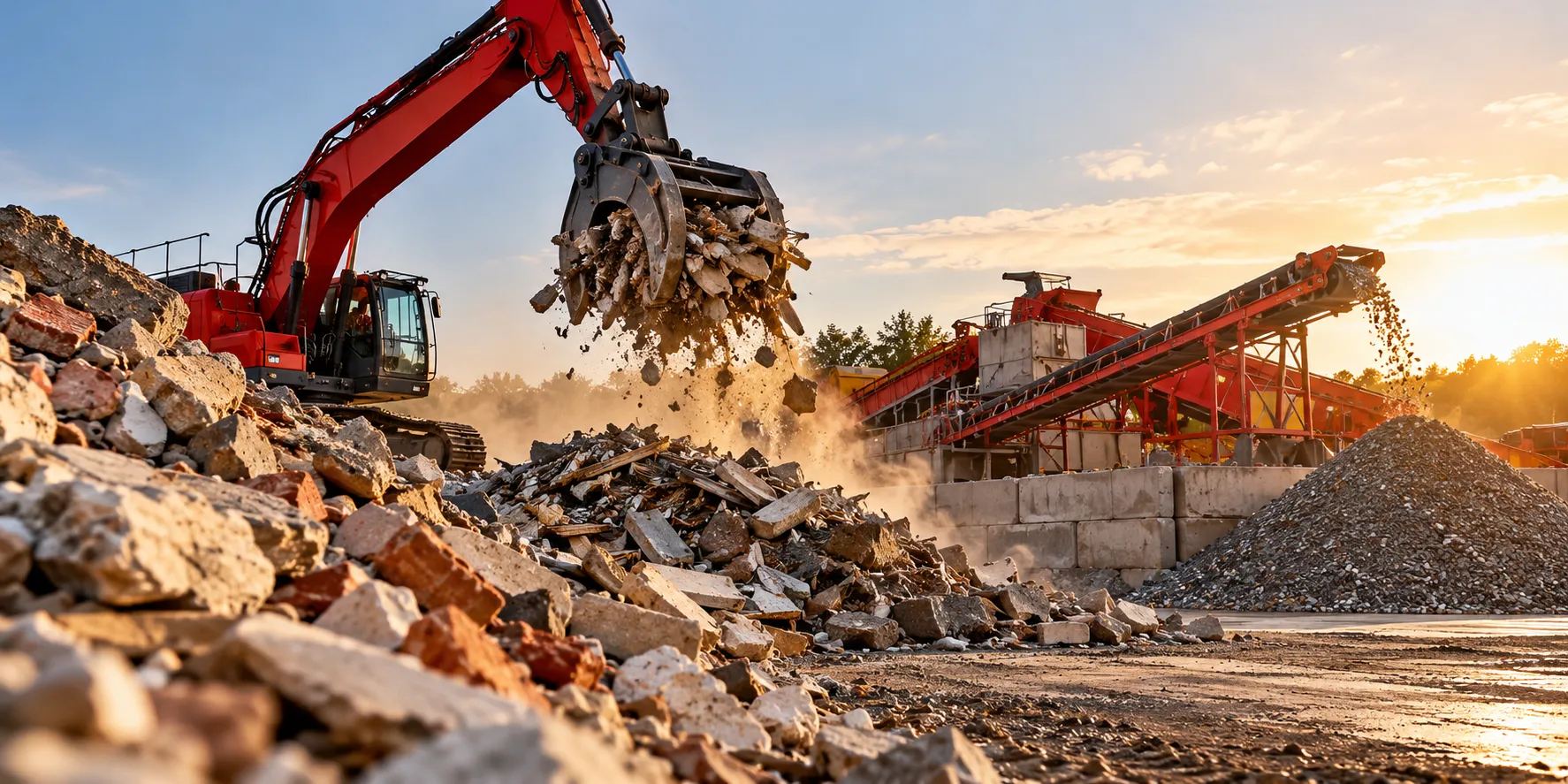 A red excavator sorts broken concrete and construction debris at a demolition recycling facility, with an industrial conveyor processing crushed aggregate in the background at sunset. The realistic industrial scene illustrates the operational risks faced by construction and demolition debris recycling businesses.