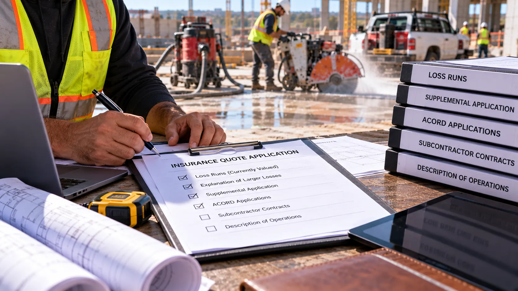 Concrete sawing contractor preparing an insurance quote application at a construction site, reviewing paperwork alongside loss runs, supplemental applications, ACORD forms, subcontractor contracts, and a detailed operations checklist, with concrete-cutting equipment and workers visible in the background.