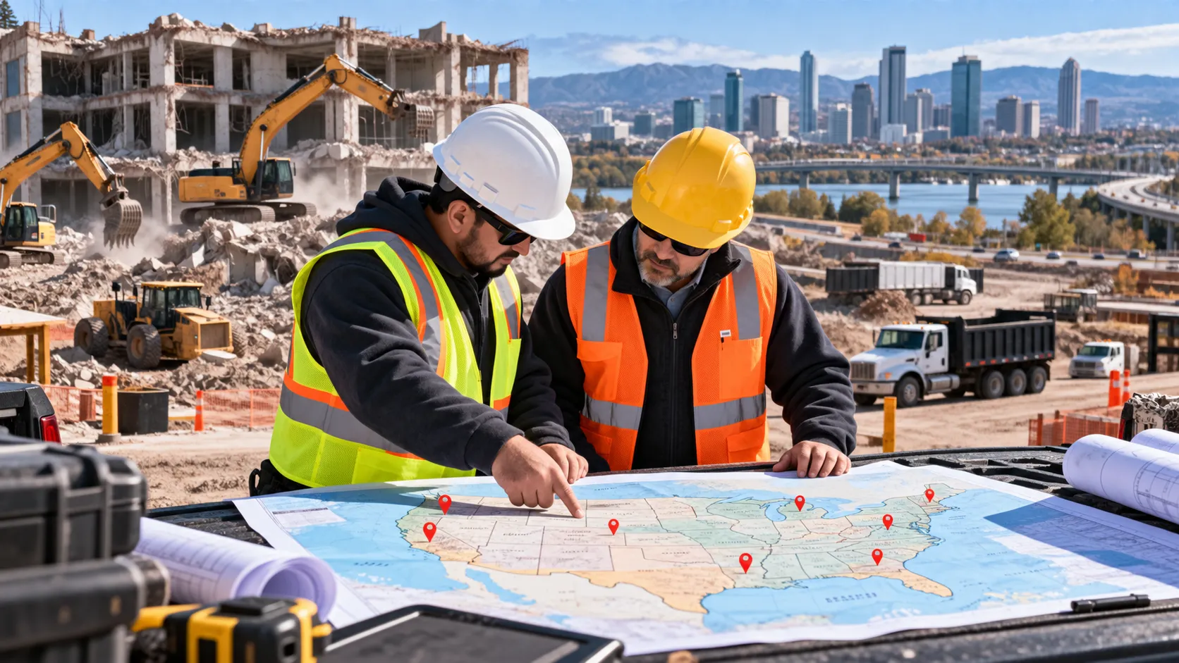 Two demolition contractors wearing hard hats and high-visibility safety vests review a map of the United States marked with project locations, with an active demolition site, excavators, dump trucks, a bridge, and a city skyline in the background, illustrating how a contractor's geographic operating area can affect insurance underwriting.