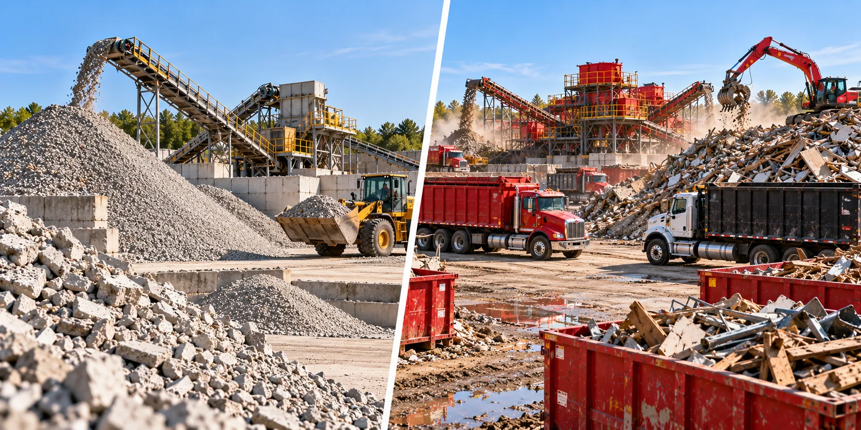 A split-view comparison of two construction and demolition recycling facilities. The left side shows a relatively organized concrete recycling operation with crushed aggregate piles, a conveyor system, and a yellow wheel loader. The right side shows a more complex mixed-debris operation with red dump trucks, dumpsters, an excavator, and industrial processing equipment. The contrasting scenes illustrate why insurance underwriters need detailed information about a company's materials, equipment, transportation, and operational activities to assess its specific risks.