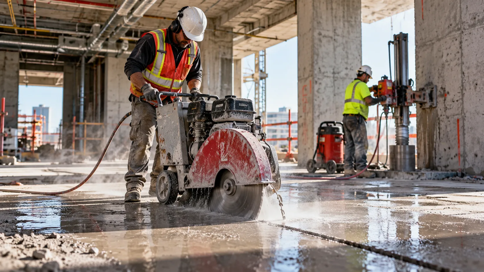 Concrete sawing and drilling contractors wearing safety equipment operate a walk-behind concrete saw and wall-mounted core drilling rig inside a commercial construction site with exposed structural concrete, pipes, and active renovation work.