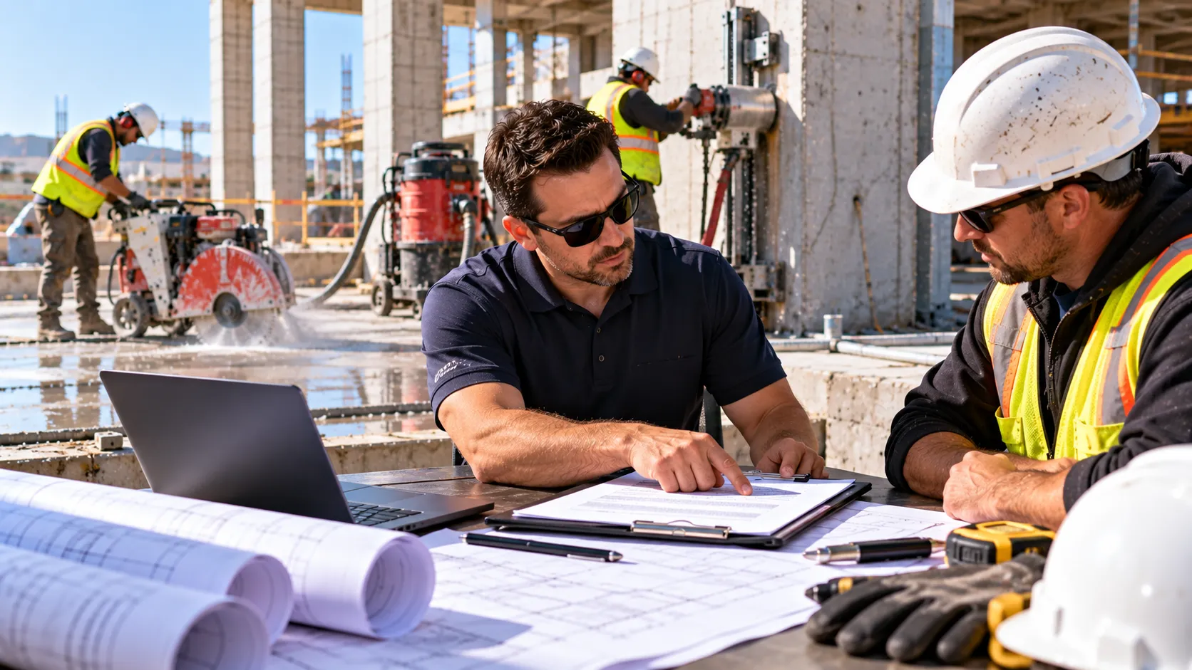 An insurance professional and concrete sawing contractor review project documents and blueprints at an active construction site, with workers operating concrete saws and a wall-mounted core drilling rig in the background, illustrating the value of specialized insurance expertise for concrete cutting and drilling businesses.
