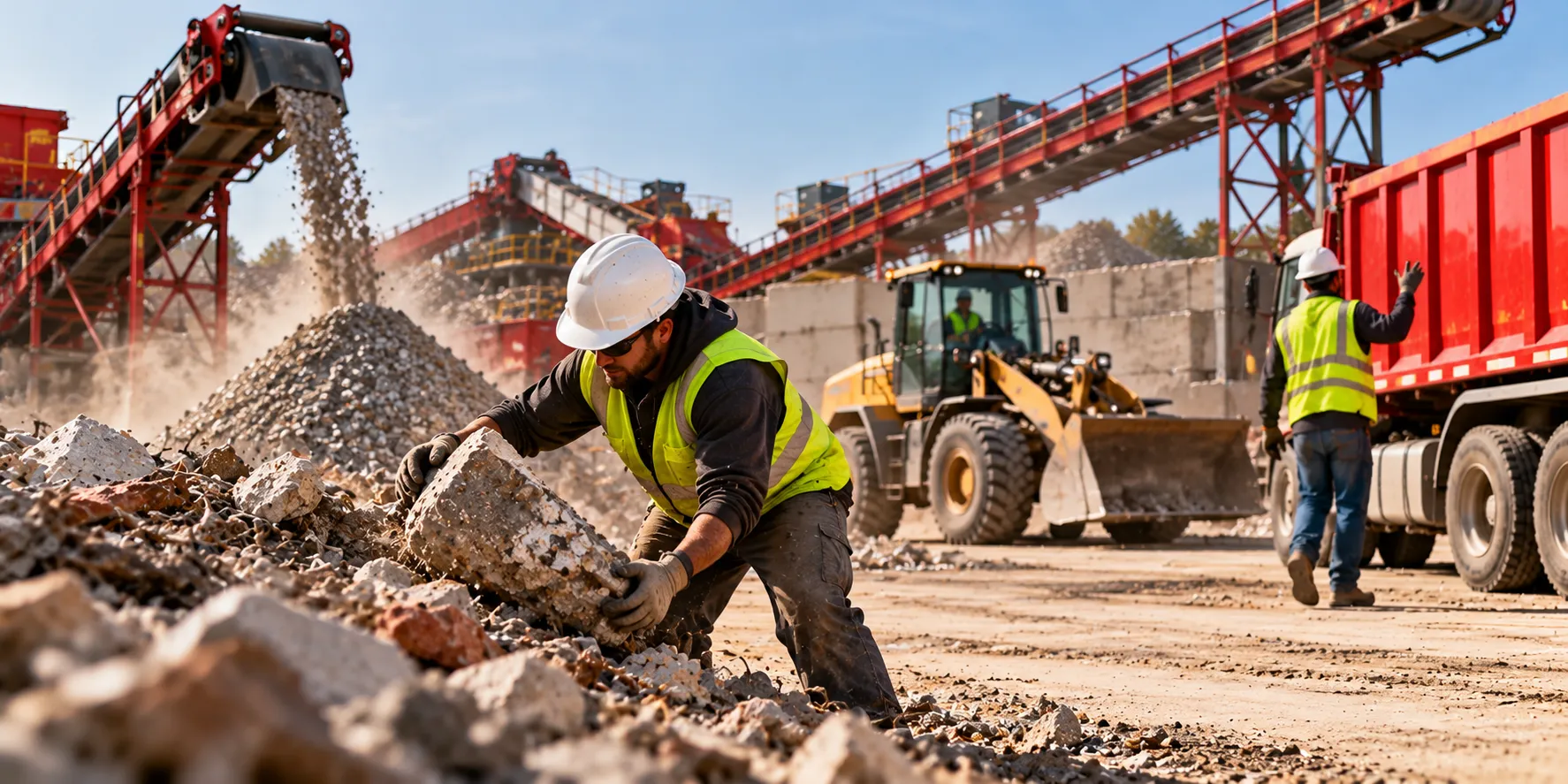 Construction recycling workers handle heavy concrete debris at an industrial recycling facility, wearing hard hats, gloves, and high-visibility safety vests. Red conveyor systems, a crusher, a wheel loader, and a dump truck operate in the background, illustrating workplace hazards, material-handling risks, and the importance of workers’ compensation insurance and safety procedures in construction and demolition debris recycling operations.