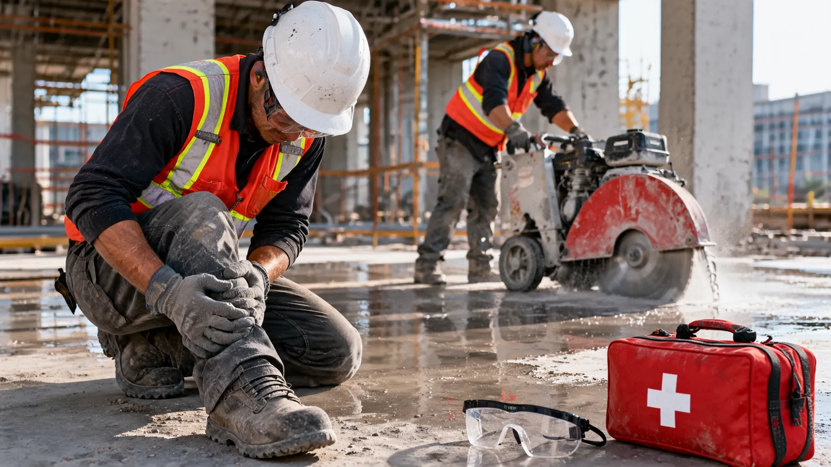 Construction worker wearing protective equipment kneels and holds his injured knee at an active concrete-cutting job site, while a coworker operates a concrete saw in the background, highlighting workplace injury risks and the importance of workers’ compensation insurance for concrete sawing and drilling contractors.