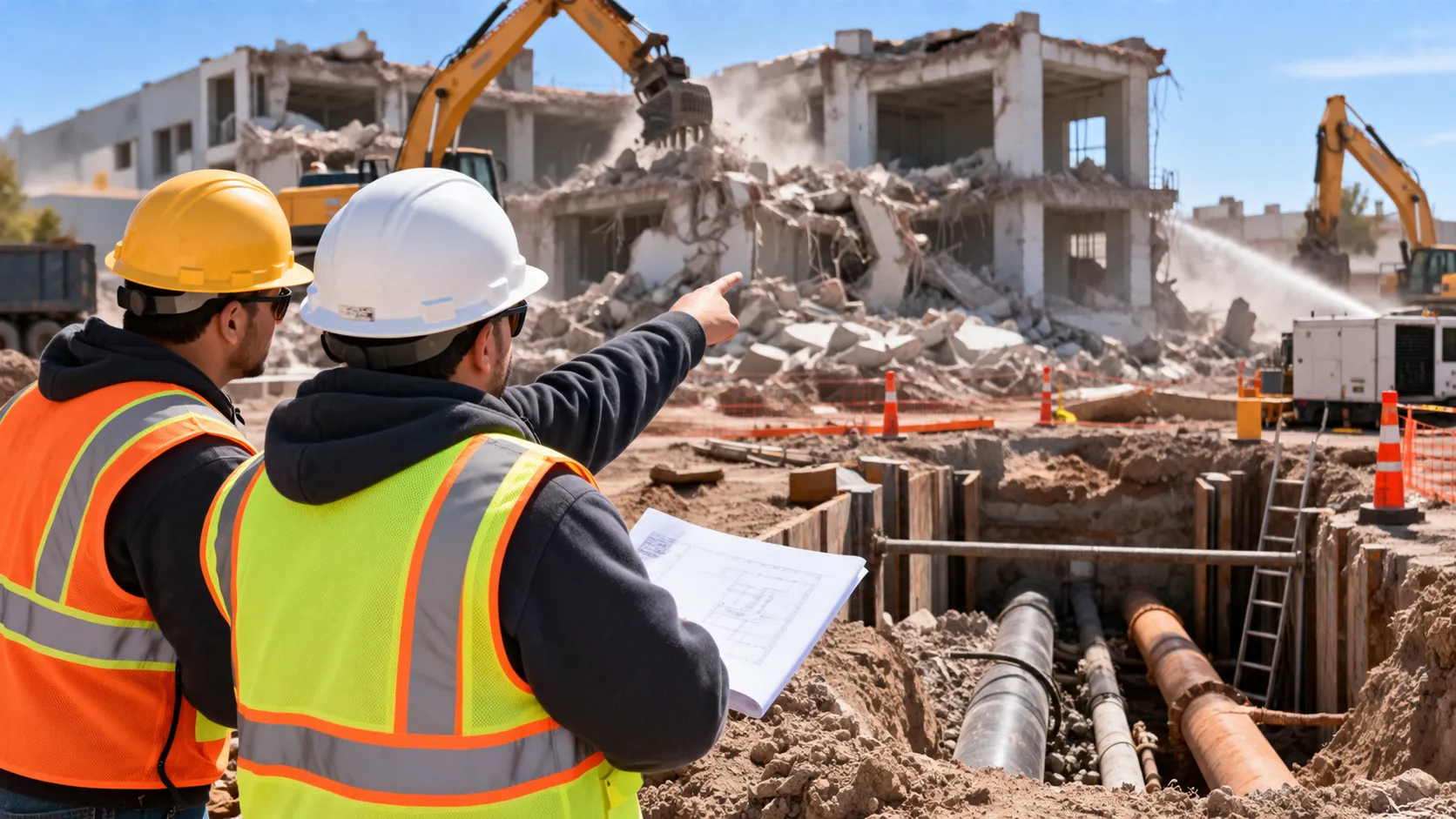 Two demolition site inspectors wearing hard hats and high-visibility safety vests review construction plans beside an open trench containing exposed underground utility pipes, while excavators dismantle a multistory concrete building in the background, illustrating structural collapse and underground utility exposures.