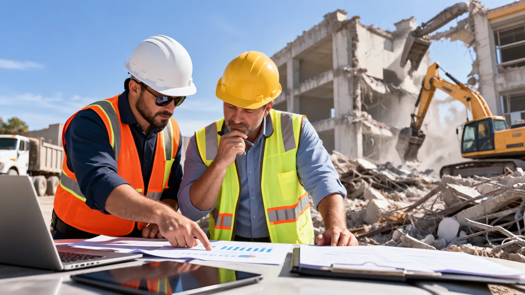 Two demolition contractors review project documents and business figures at a construction site, with an excavator, a partially demolished building, and construction debris in the background.