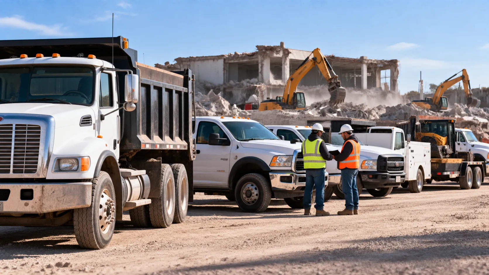A fleet of commercial vehicles, including a heavy-duty dump truck, pickup trucks, service vehicles, and trailers, parked at an active demolition site while two construction workers discuss vehicle operations, with excavators and a partially demolished building in the background.