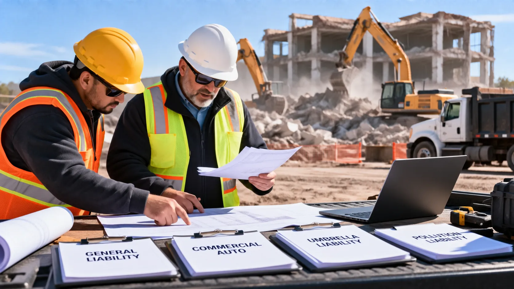 Two demolition contractors wearing hard hats and high-visibility safety vests review project plans and insurance documents at a jobsite table, with paperwork for general liability, commercial auto, umbrella liability, and pollution liability coverage, while excavators, a dump truck, and a partially demolished building appear in the background.