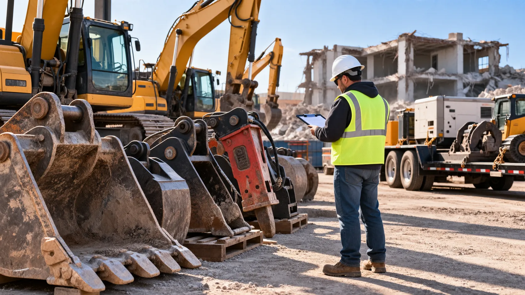 A demolition contractor inspects heavy equipment and specialized attachments, including excavator buckets and hydraulic breakers, at an equipment yard with excavators, a generator trailer, and a partially demolished building in the background.