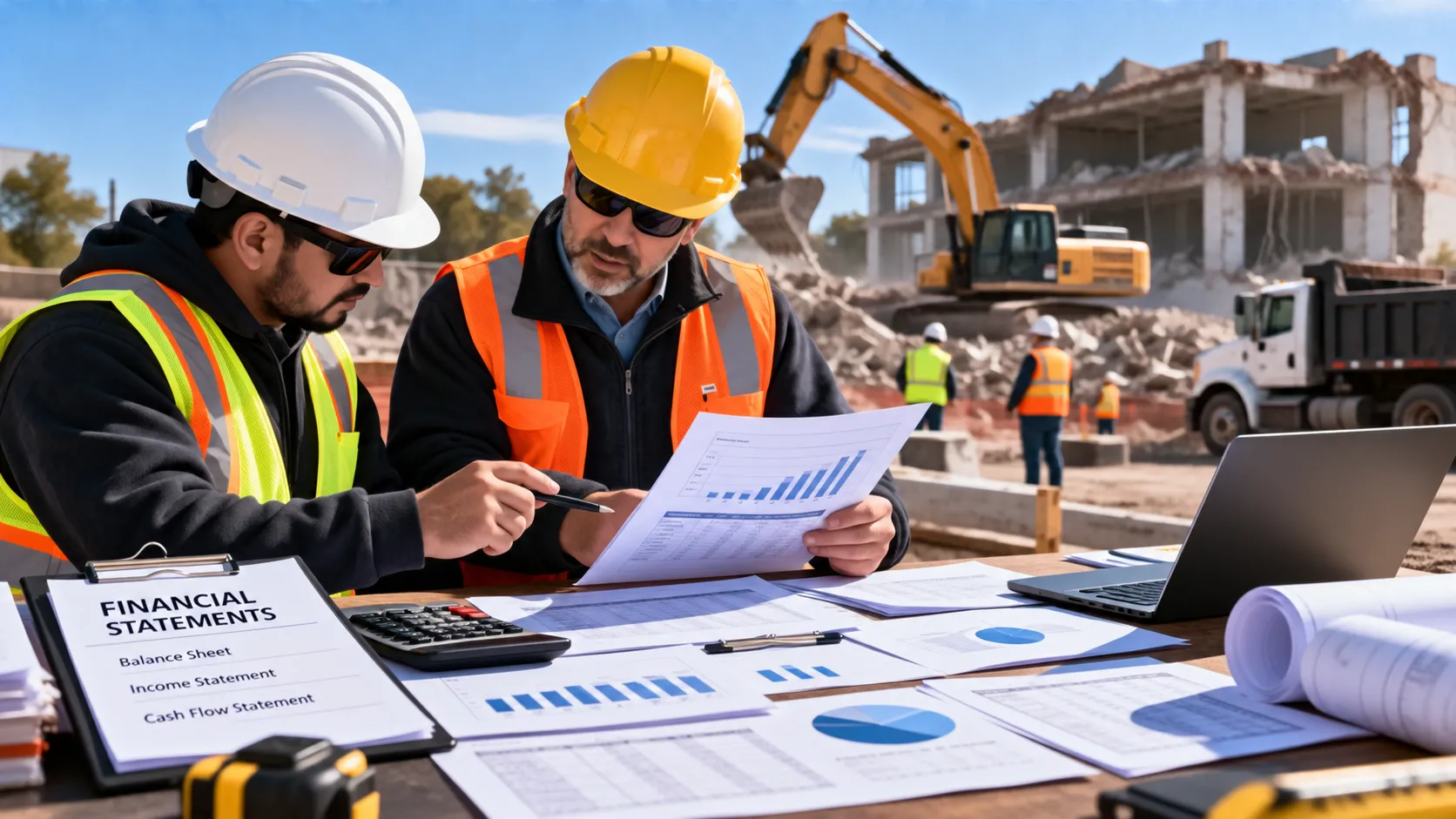 Two demolition company managers wearing hard hats and high-visibility safety vests review financial statements, business charts, and project documents at a jobsite table, with an excavator, dump truck, construction workers, and a partially demolished concrete building in the background.