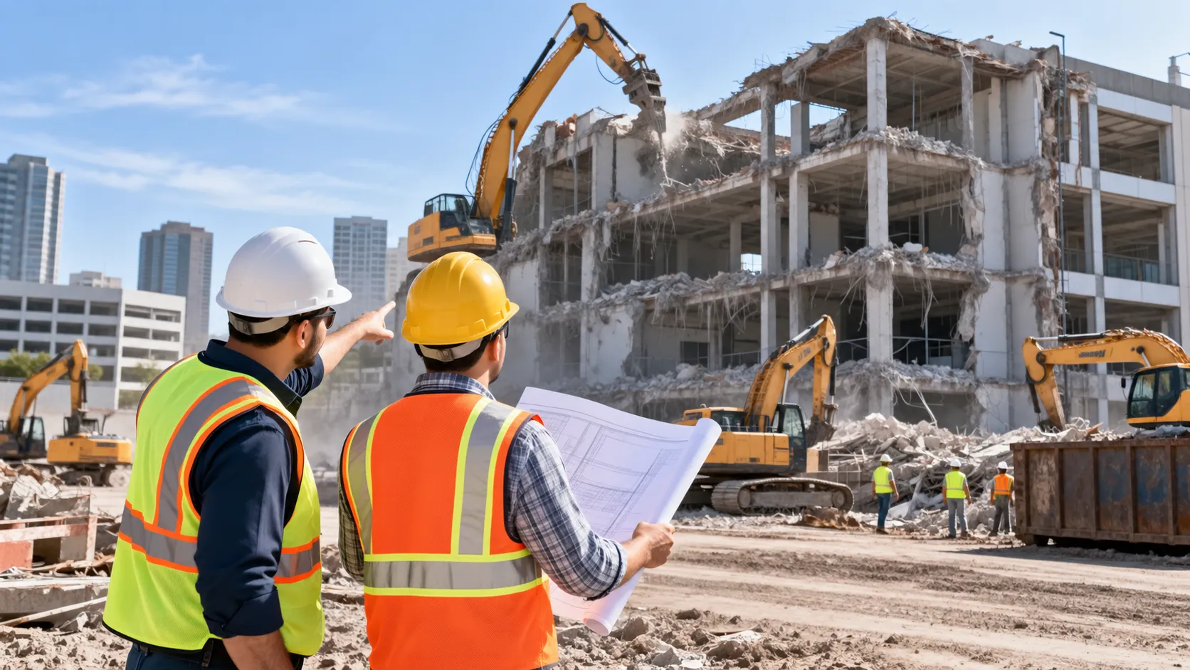 Two demolition site managers wearing hard hats and high-visibility vests review blueprints while surveying a large multistory concrete building being demolished by excavators, with construction workers and rubble illustrating the scale and complexity of the project.