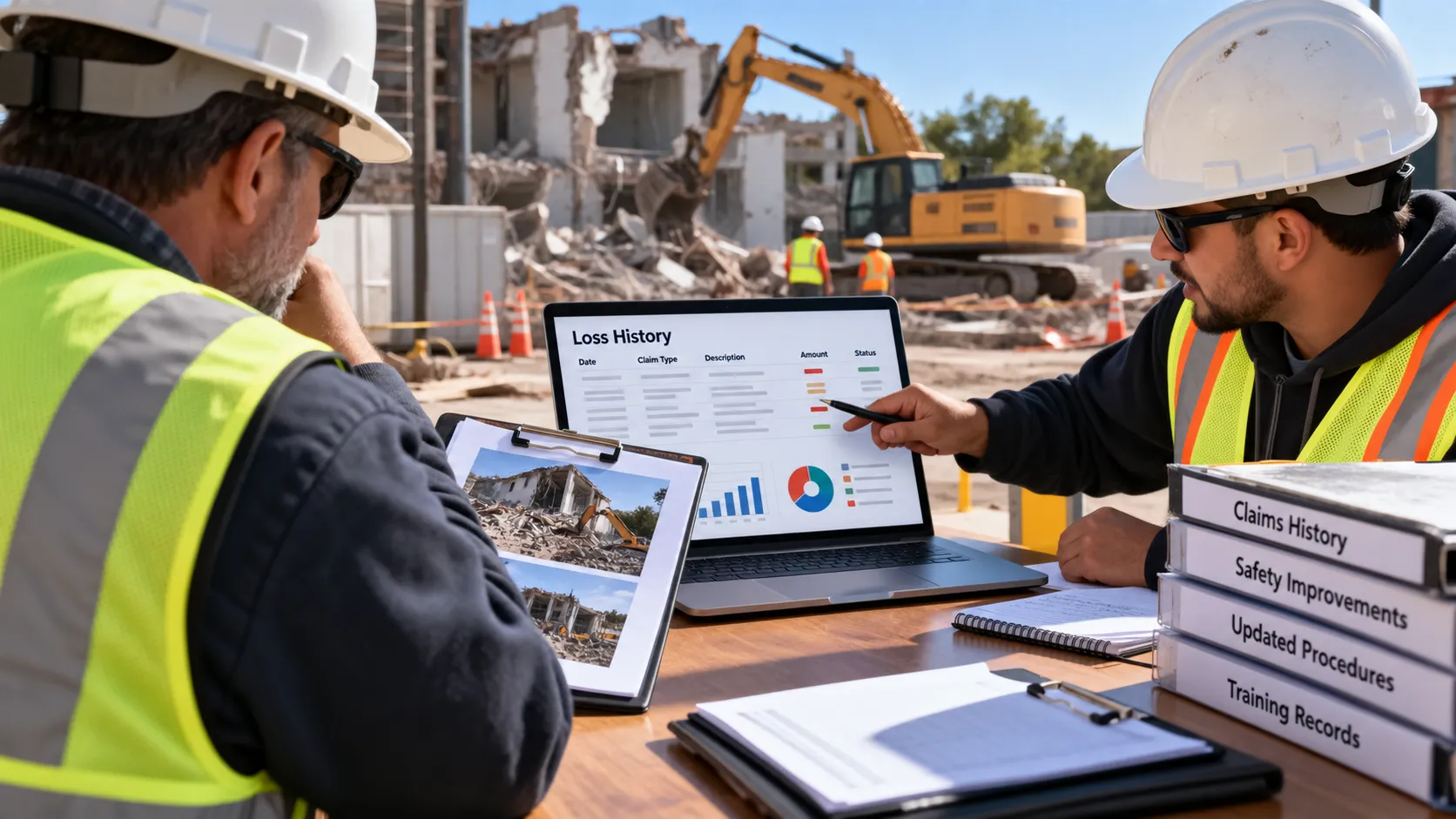 Demolition contractors wearing hard hats and high-visibility safety vests participate in a jobsite safety briefing, reviewing safety procedures, protective equipment requirements, and hazard prevention practices to reduce workplace risks.