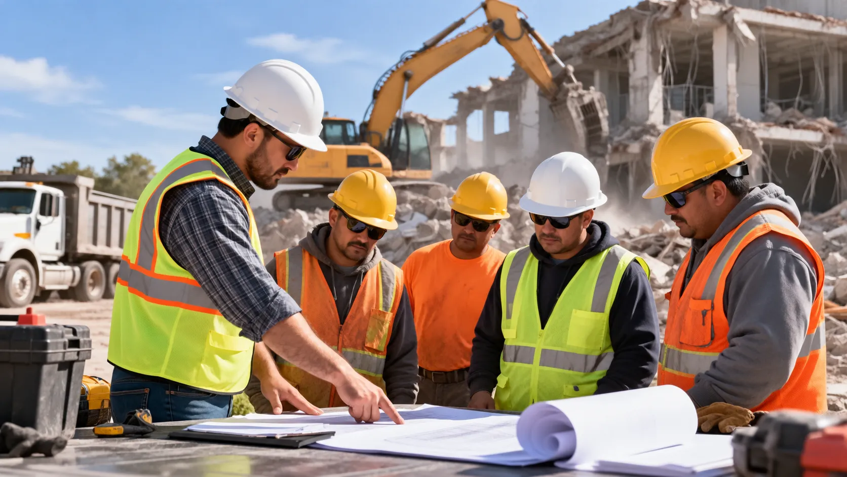 A demolition supervisor reviews construction plans with four workers wearing hard hats and high-visibility safety vests at an active demolition site, with an excavator, dump truck, and concrete rubble in the background.