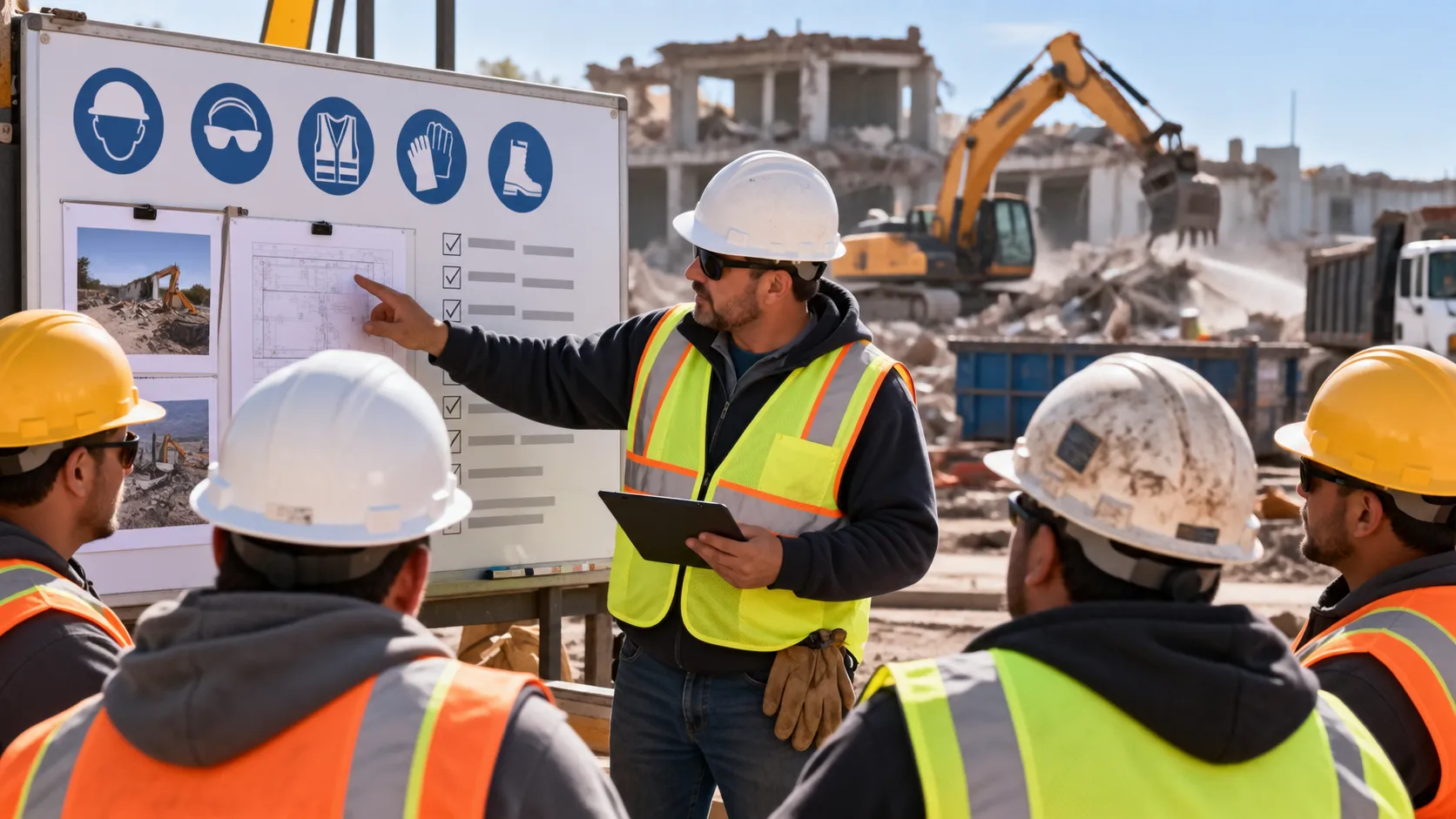 A demolition site supervisor leads a safety briefing with construction workers, reviewing personal protective equipment, jobsite hazards, and safety checklists beside an active demolition site with an excavator and construction debris in the background.